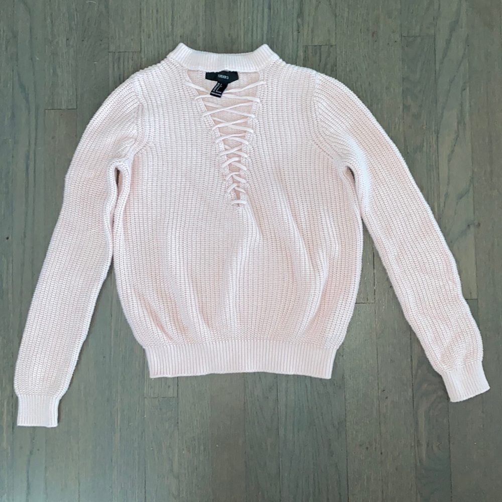 Blush Pink Forever21 Tied V-Neck Ribbed Sweater Sz Small